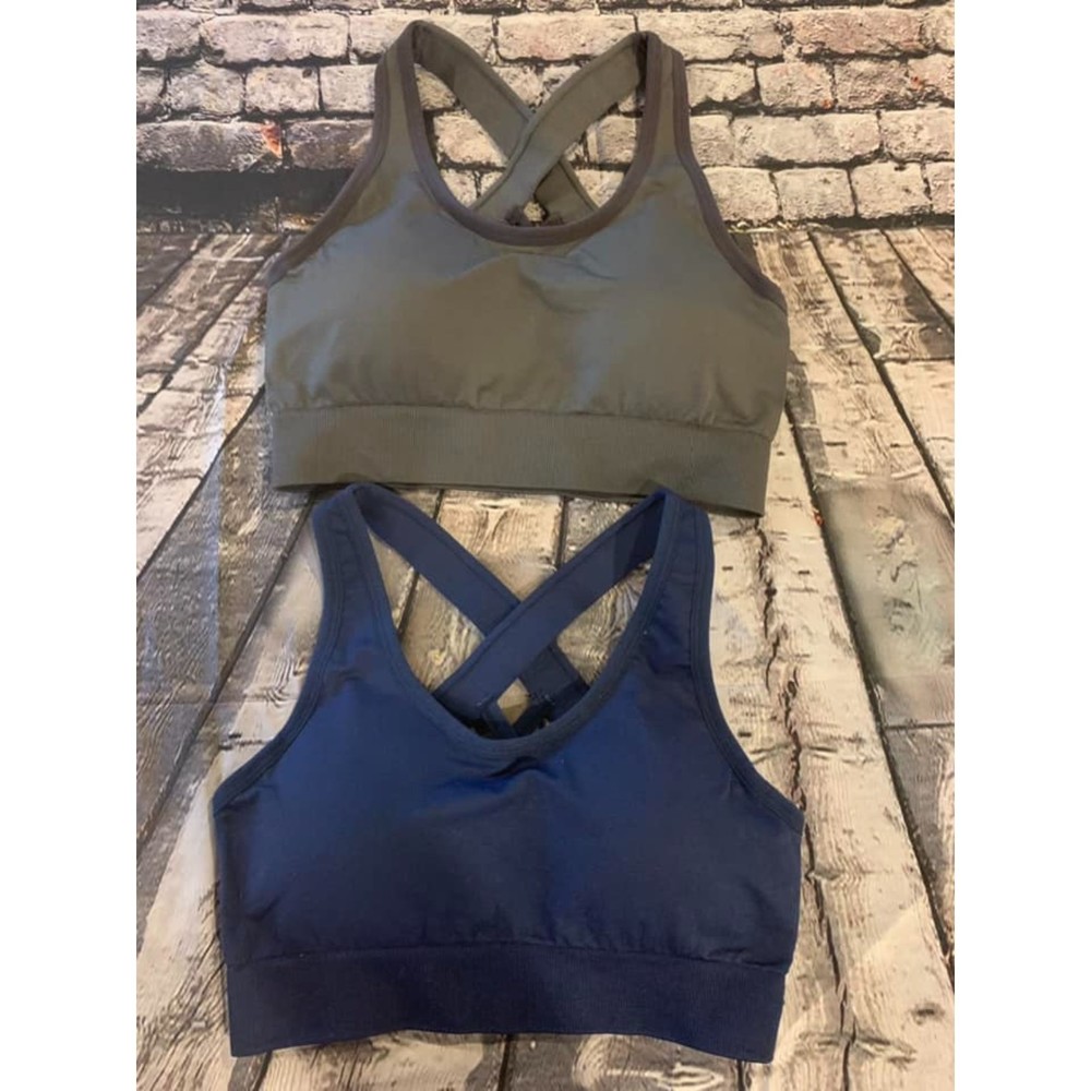 NWOT Set of 2 Grey and Blue Sports Bras Smooth Look Rem. Cups Strappy Back Med M